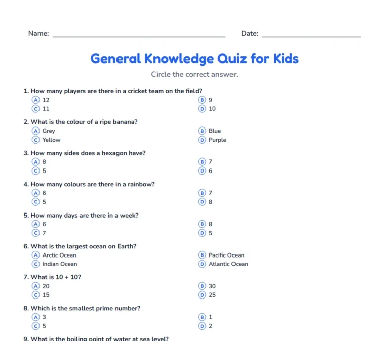 Quizzes for kids: a printable multiple choice quiz sheet with an answer key
