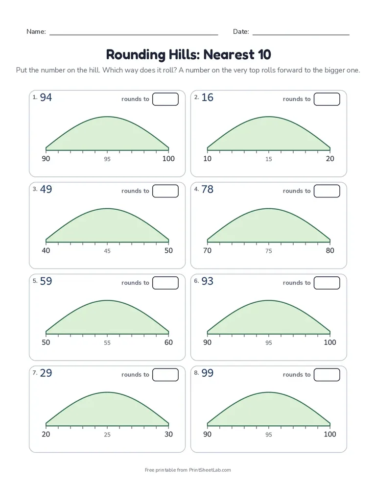 Rounding worksheets: a printable page of rounding hills for the nearest 10 with an answer key