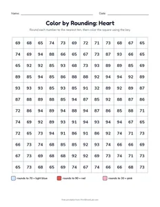 Color by Rounding: Heart printable worksheet for grade 3
