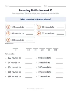 Rounding Riddle: Nearest 10 printable worksheet for grade 3