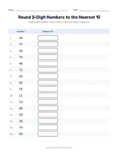 Round 2-Digit Numbers to the Nearest 10 printable worksheet for grade 3