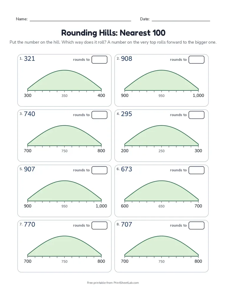Rounding Hills: Nearest 100 printable worksheet for grade 3