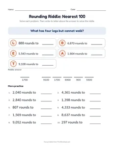 Rounding Riddle: Nearest 100 printable worksheet for grade 3