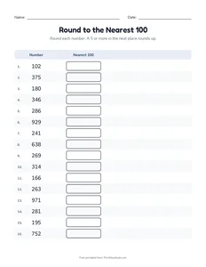 Round to the Nearest 100 printable worksheet for grade 3