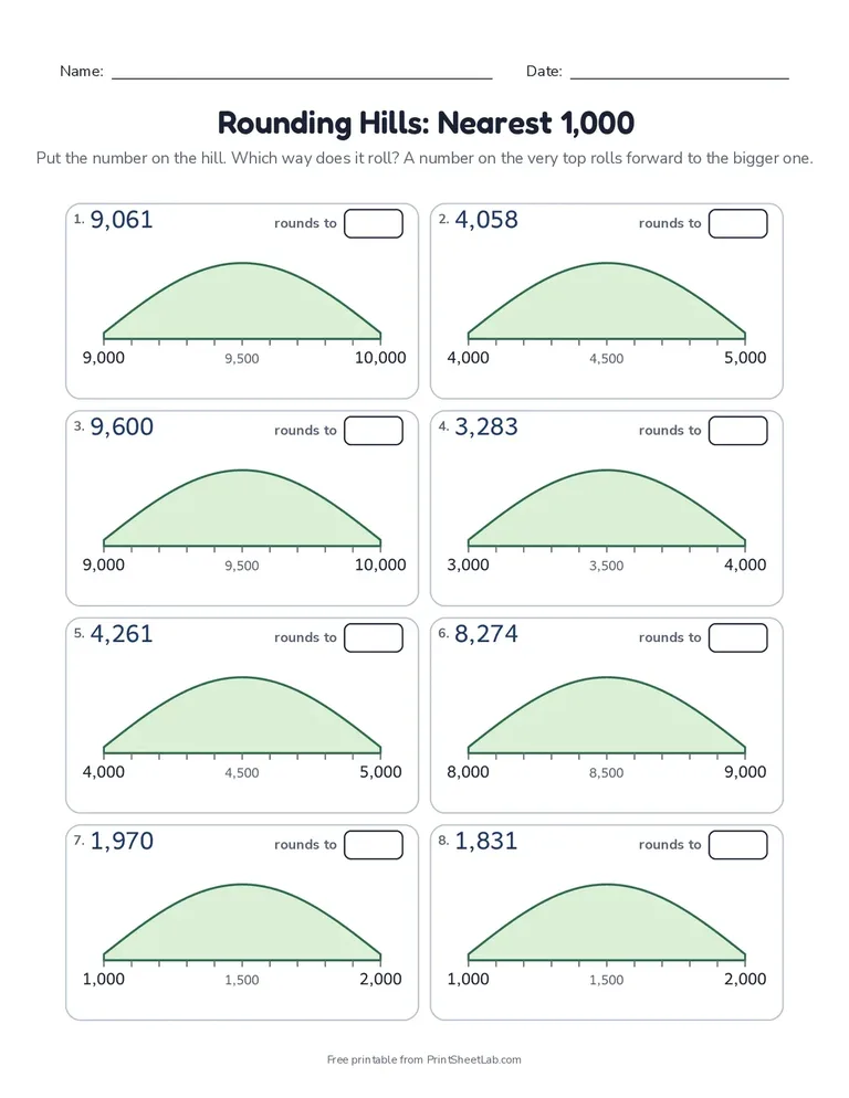 Rounding Hills: Nearest 1,000 printable worksheet for grade 4