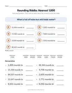 Rounding Riddle: Nearest 1,000 printable worksheet for grade 4