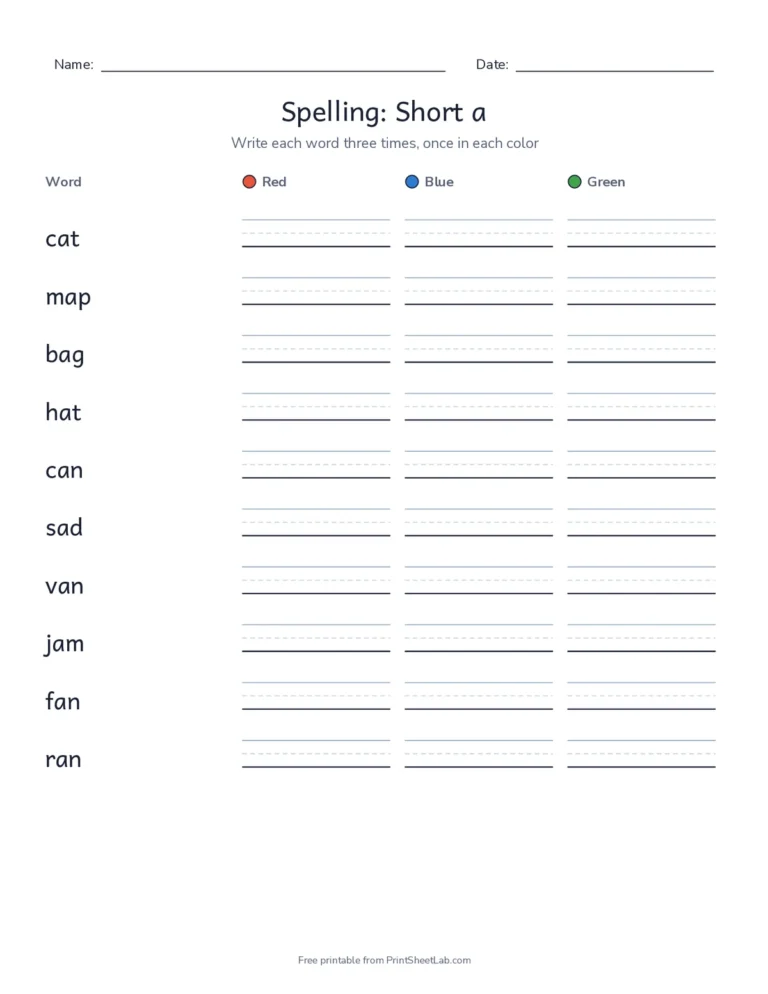 Rainbow writing spelling worksheet: write each short a word in red, blue and green