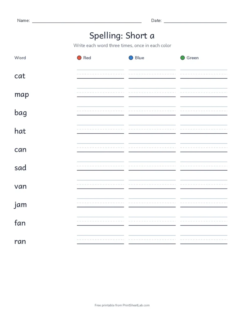 Rainbow writing spelling worksheet: write each short a word in red, blue and green