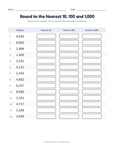 Round to the Nearest 10, 100 and 1,000 printable worksheet for grade 4