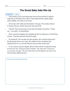 The Great Bake Sale Mix-Up printable worksheet for grades 3 and 4