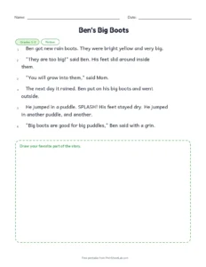 Ben's Big Boots printable worksheet for grades 1 and 2