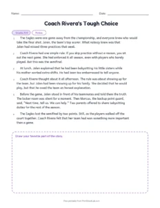 Coach Rivera's Tough Choice printable worksheet for grades 5 and 6