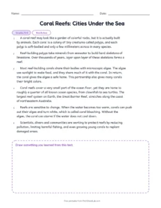Coral Reefs: Cities Under the Sea printable worksheet for grades 5 and 6
