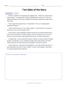 Two Sides of the Story printable worksheet for grades 5 and 6