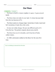 Our Moon printable worksheet for grades 1 and 2