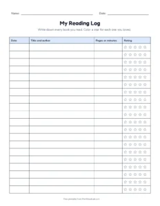 Reading Log printable worksheet for grades 1 to 6