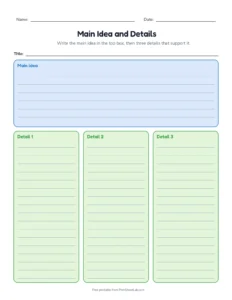 Main Idea and Details printable worksheet for grades 1 to 6