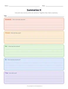 Somebody-Wanted-But-So-Then Summary printable worksheet for grades 1 to 6