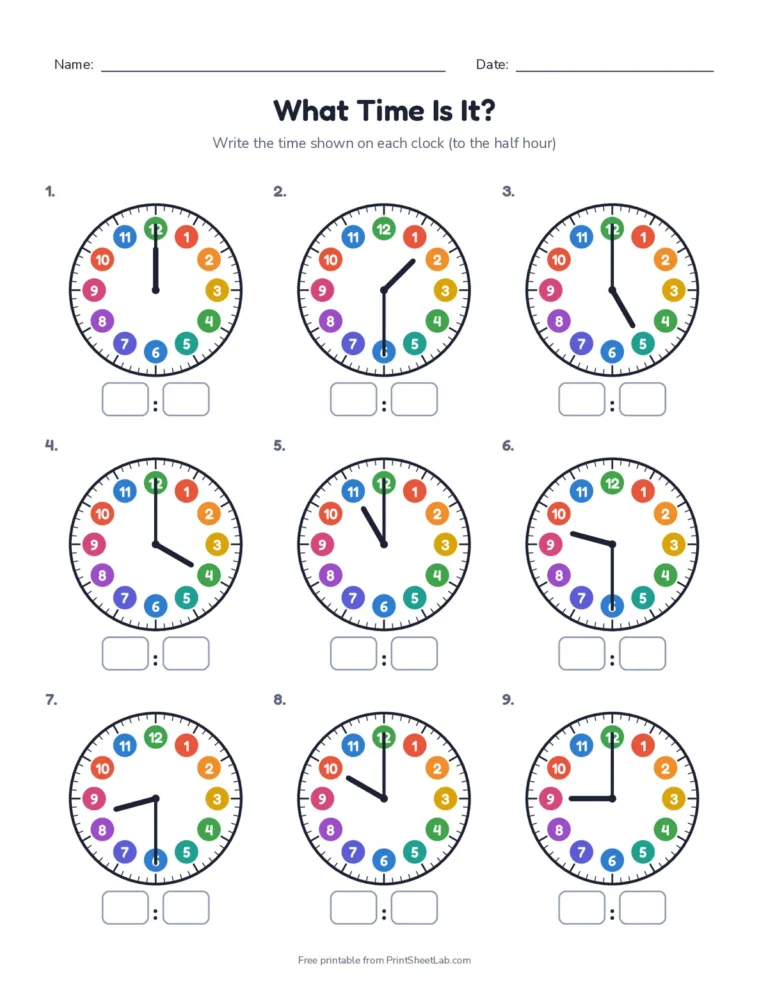 Clock sheet with nine clocks showing o clock and half past times to read and write, with answers
