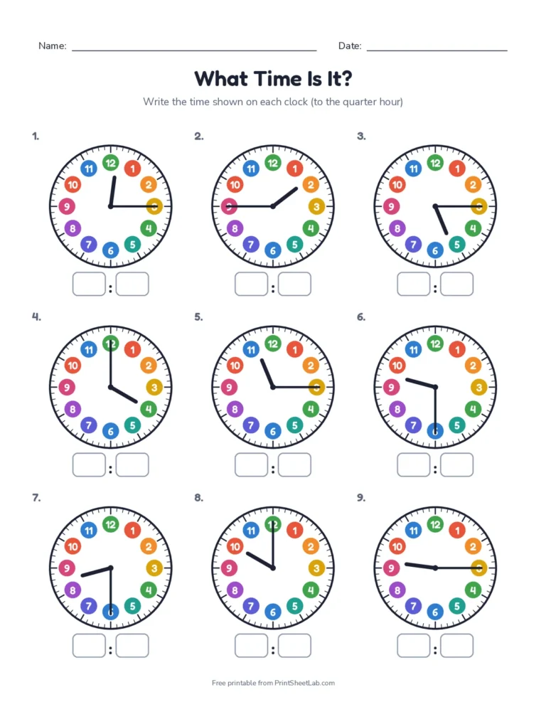 Clock sheet with nine clocks showing quarter past and quarter to times, with answers
