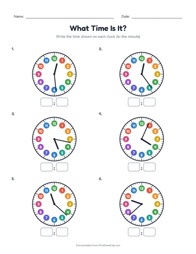Six large clocks with times to the minute to read and write, with answers