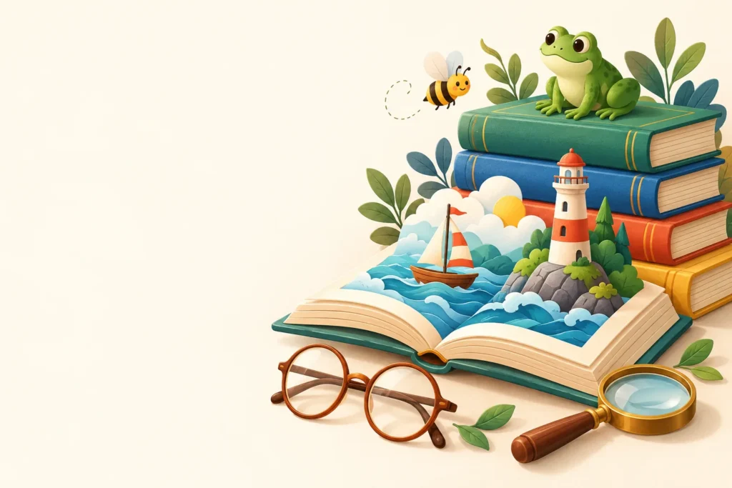 Illustration of an open storybook with a sailboat and lighthouse popping out, a stack of books with a frog, a bee, reading glasses and a magnifying glass
