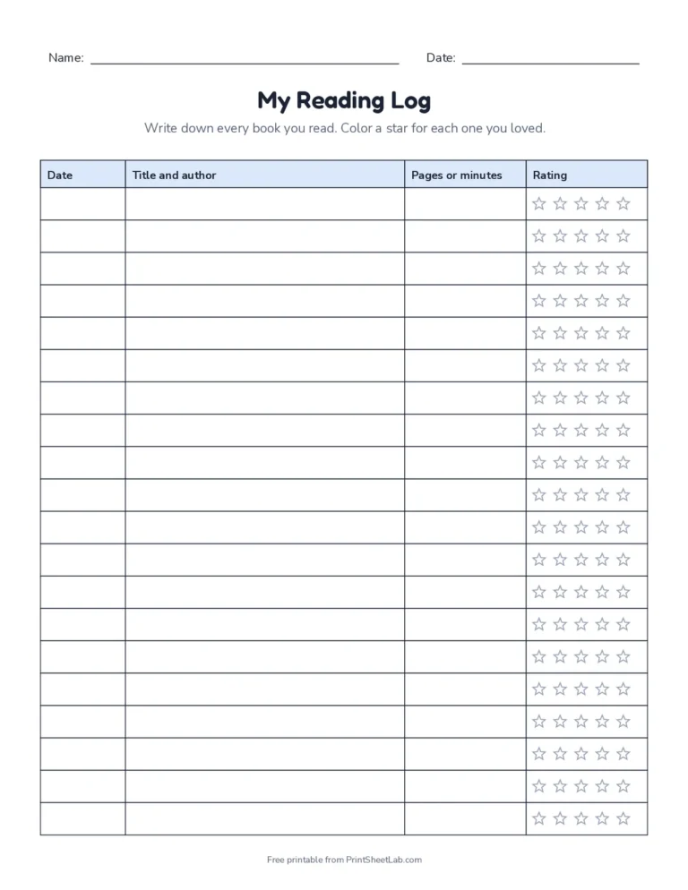 Printable reading log with date, title, pages or minutes and a star rating