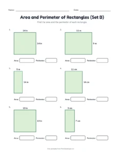 Area and Perimeter of Rectangles (Set B) printable worksheet for grades 3 and 4