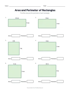 Area and Perimeter of Rectangles printable worksheet for grades 3 and 4