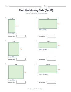 Find the Missing Side (Set B) printable worksheet for grades 3 and 4