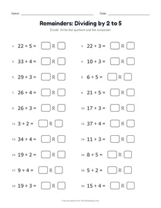 Remainders: Dividing by 2 to 5 printable worksheet for grades 3 and 4