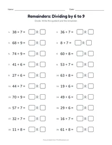 Remainders: Dividing by 6 to 9 printable worksheet for grades 3 and 4