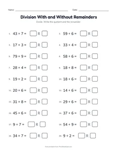Division With and Without Remainders printable worksheet for grades 3 and 4