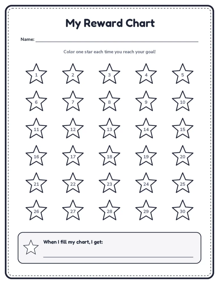 Black and white reward chart printable, 30 stars, saves ink