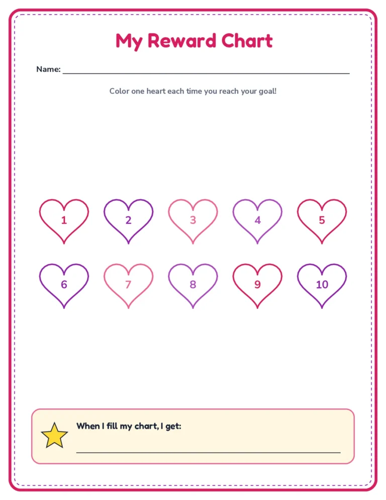 Heart reward chart printable, 10 hearts, berry colors