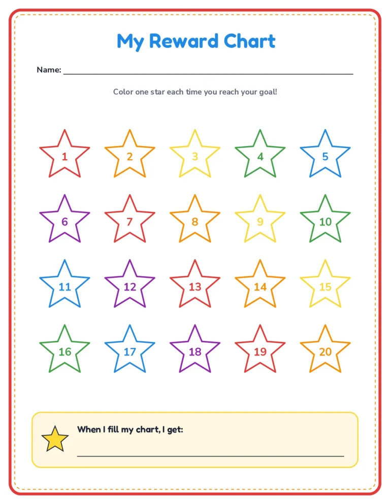 Star reward chart printable, 20 stars, rainbow colors