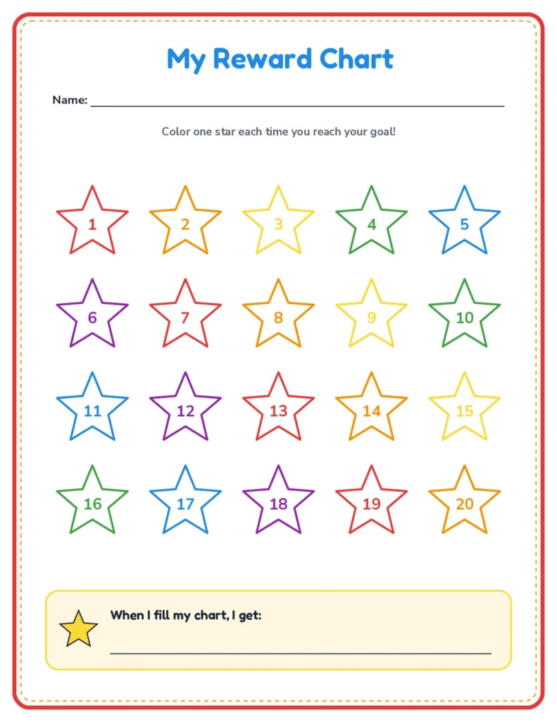 Star reward chart printable, 20 stars, rainbow colors