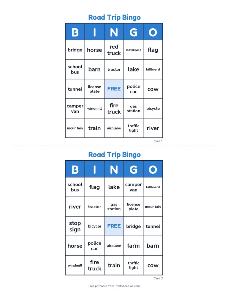 Ten road trip bingo cards with things to spot from the car