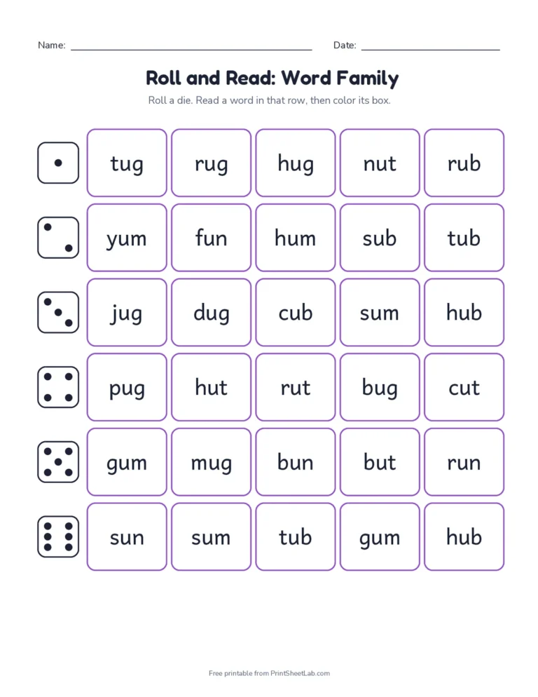 Roll and read game boards with short u word families -ug, -un, -ut, -ub and -um