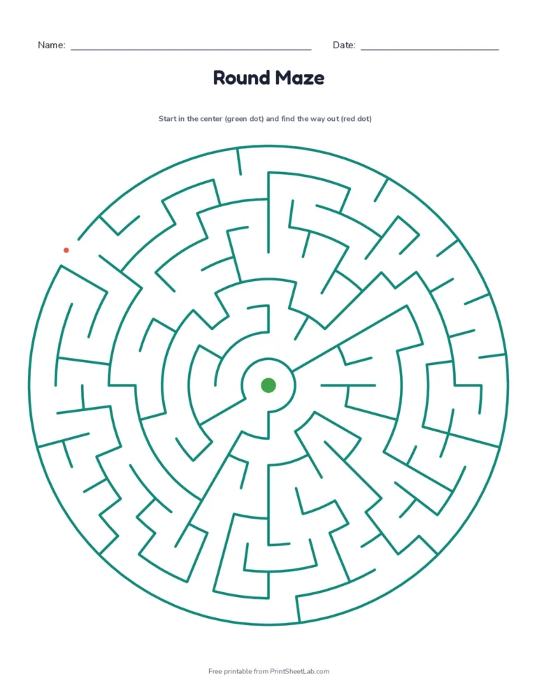 Four round circular mazes: start in the center and find the way out, with answer key