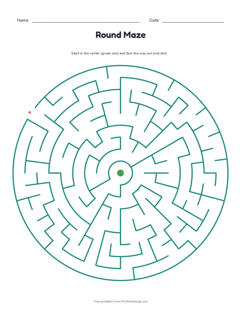 Four round circular mazes: start in the center and find the way out, with answer key