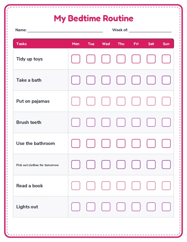 Bedtime routine checklist printable, every day