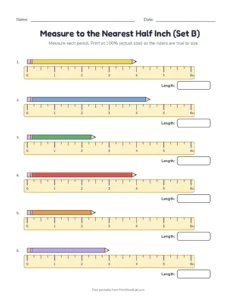 Measure to the Nearest Half Inch (Set B) printable worksheet for grades 1 to 3