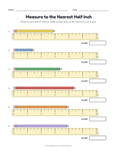 Measure to the Nearest Half Inch printable worksheet for grades 1 to 3