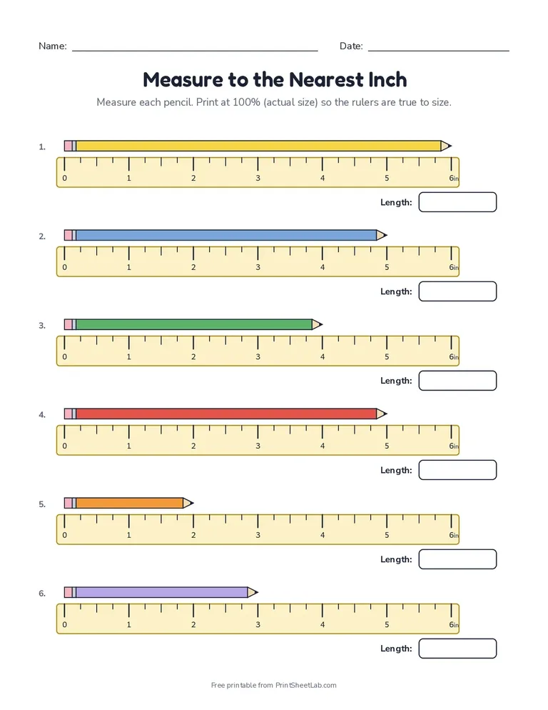 Measurement worksheets: a printable page for measuring length with a ruler in actual size and an answer key