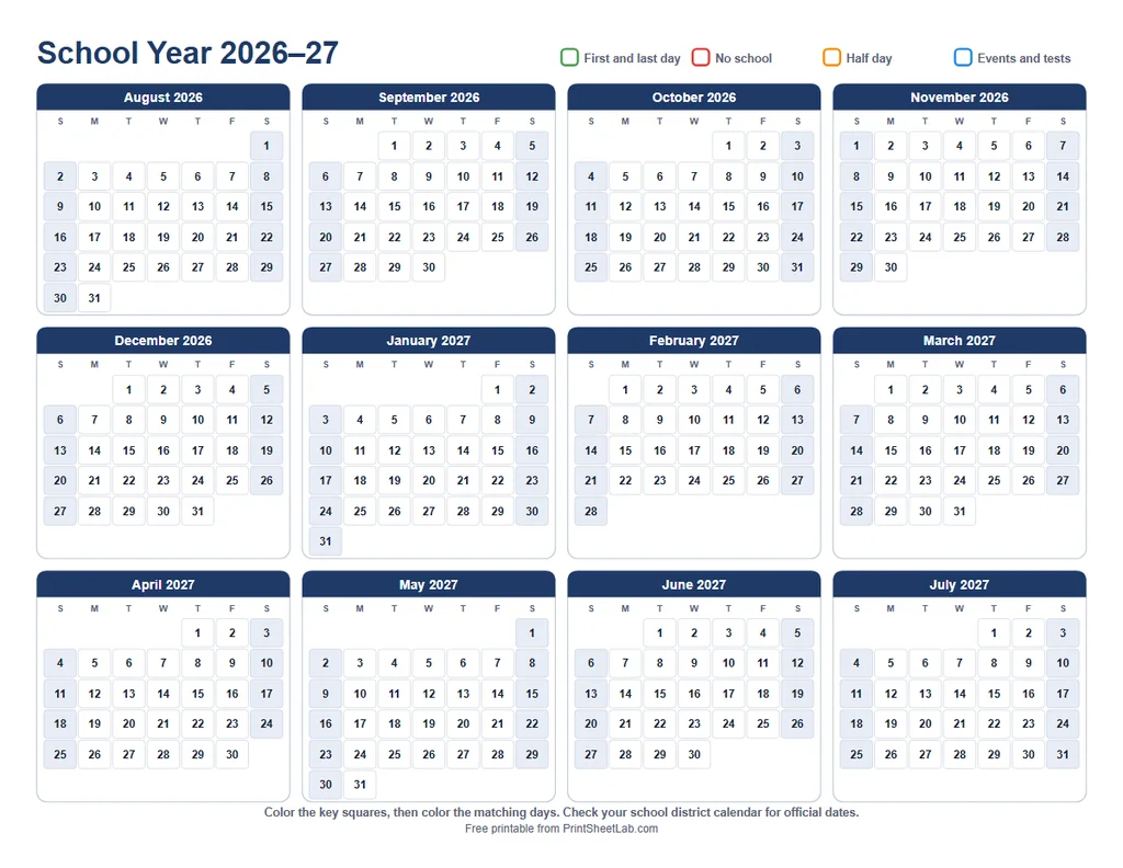School year calendar 2026-2027 printable with all 12 months on one page in the navy color theme