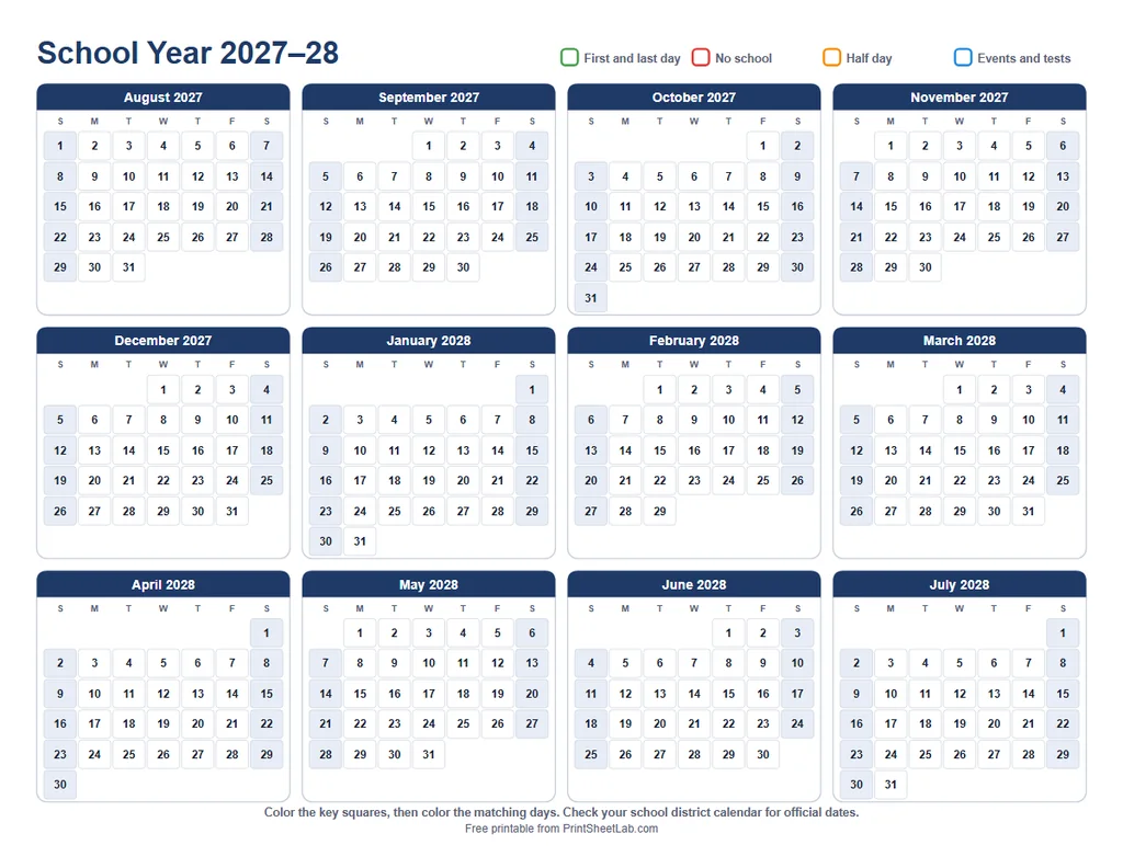 School year calendar 2027-2028 printable with all 12 months on one page in the navy color theme