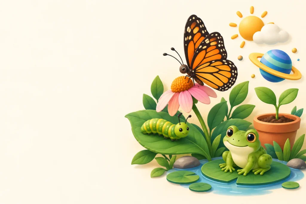 Illustration of a monarch butterfly on a flower, a caterpillar, a frog on a lily pad, a seedling in a pot, a ringed planet and a sun with a cloud