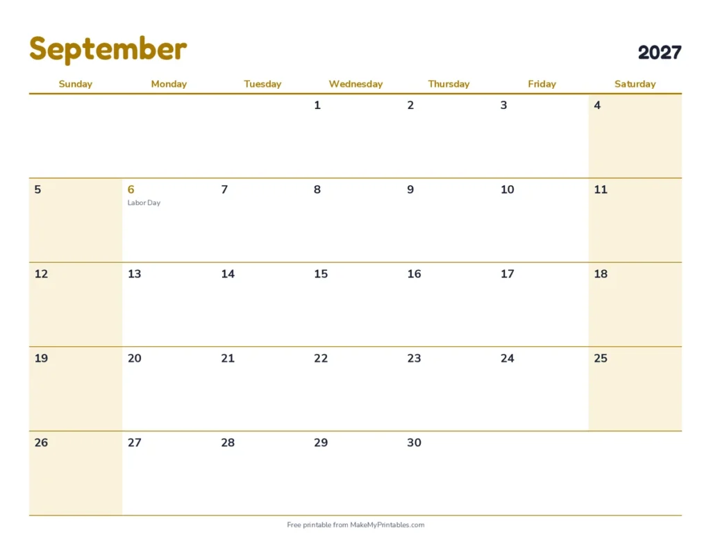 September 2027 calendar printable in the modern design with a mustard color theme with Labor Day marked