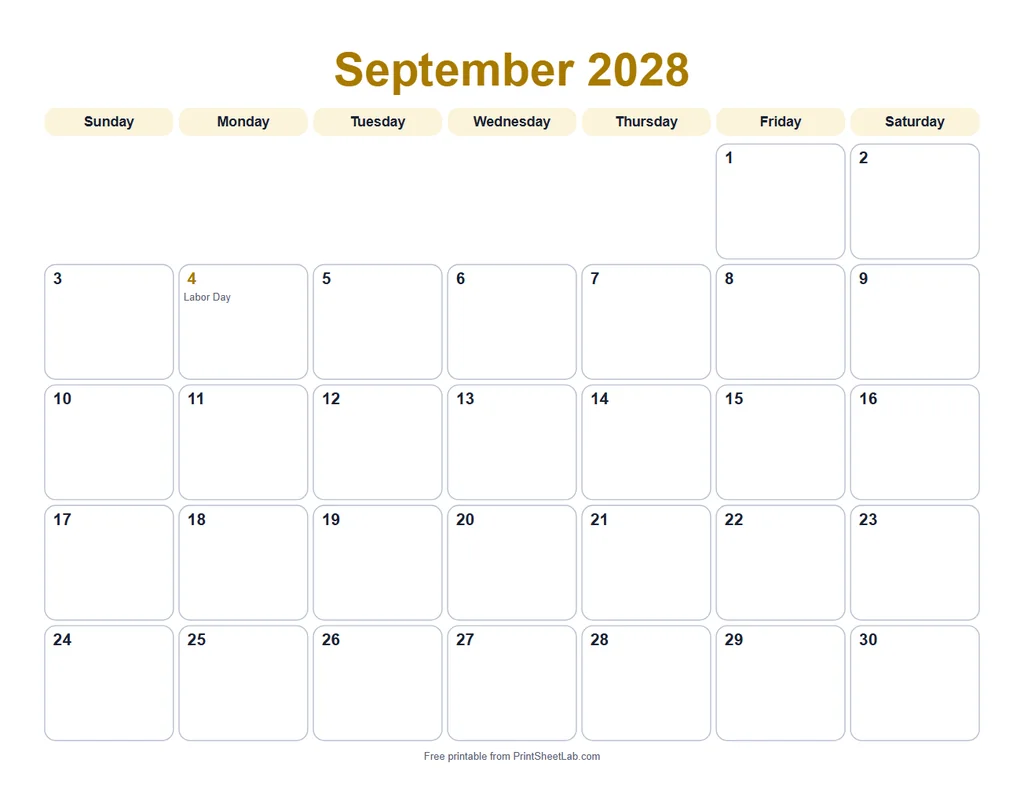 September 2028 calendar printable in the playful design with a mustard color theme